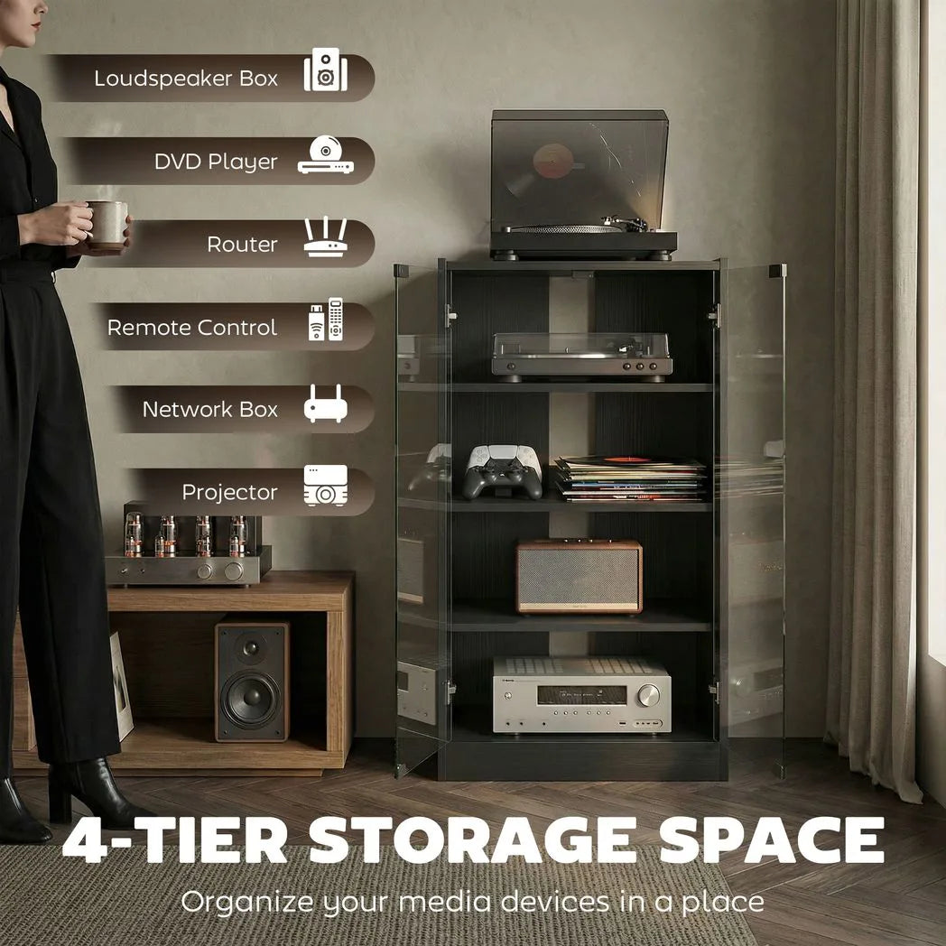HOMCOM 4-Tier Hi-Fi Stand with Push-to-Open Glass Doors and Adjustable Shelves – Record Player Stand, Black Wood-Effect
