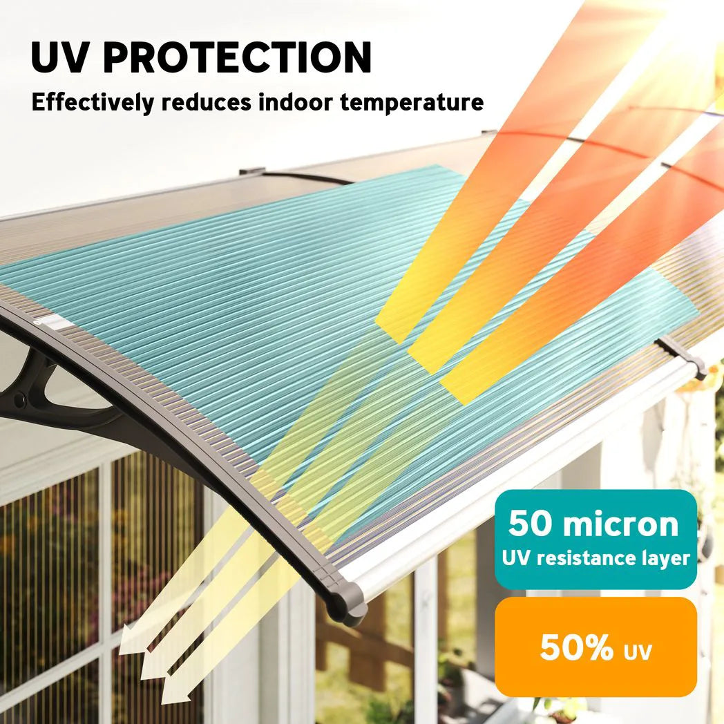 Outsunny 303 x 96cm Front Door Canopy with Polycarbonate Panels – UV-Resistant Rain Shelter Awning, Brown