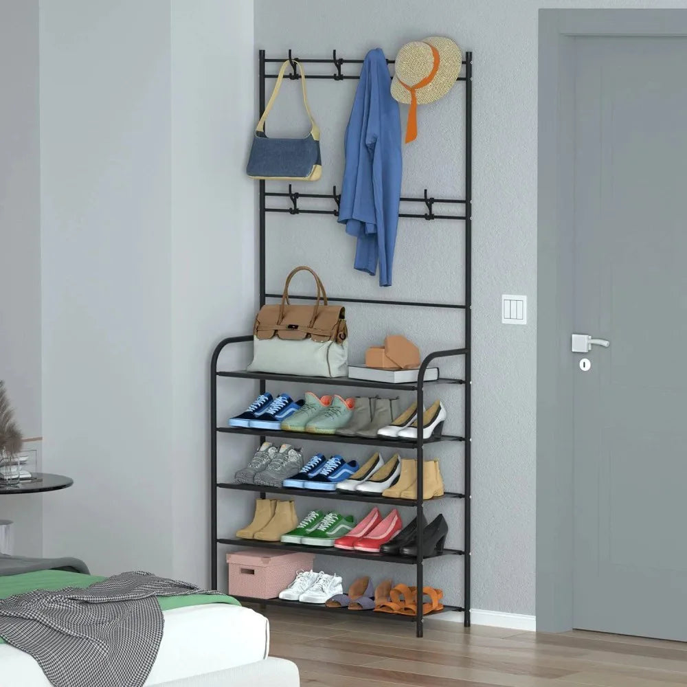 3-in-1 Metal Coat Stand with 8 Detachable Hooks & Shoe Shelves, 60 x 26 x 170cm, Black