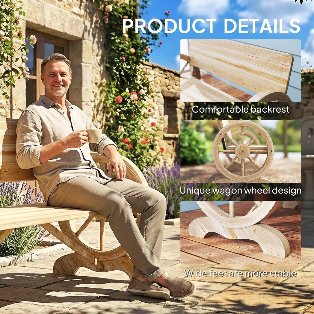 Outsunny 2-Seater Wagon Wheel Garden Bench, Fir Wood, Natural Finish