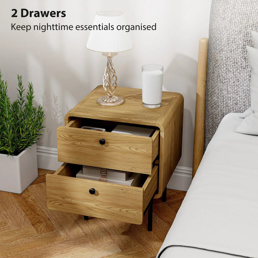 HOMCOM Bedside Table with 2 Drawers and Steel Legs – Rounded Nightstand for Bedroom and Living Room, Oak
