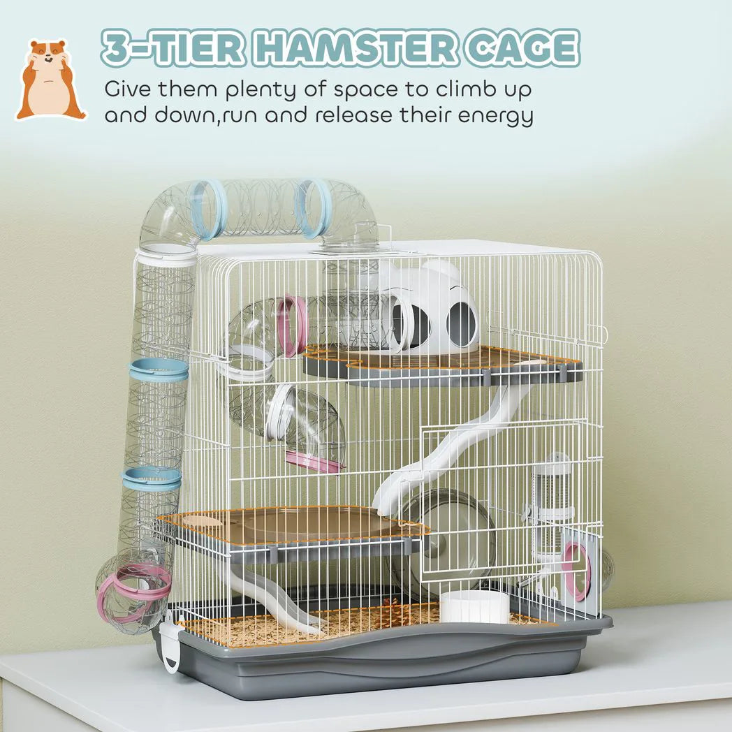 PawHut 3-Tier Hamster Cage with Exercise Wheel, Tunnels and Water Bottle – Habitat for Dwarf Hamsters, Grey