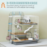 PawHut 3-Tier Hamster Cage with Exercise Wheel, Tunnels and Water Bottle – Habitat for Dwarf Hamsters, Grey