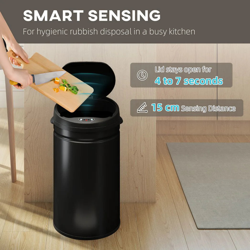 HOMCOM 30L Stainless Steel Sensor Bin with Soft-Close Lid – Touch-Free Kitchen Rubbish Bin, Black
