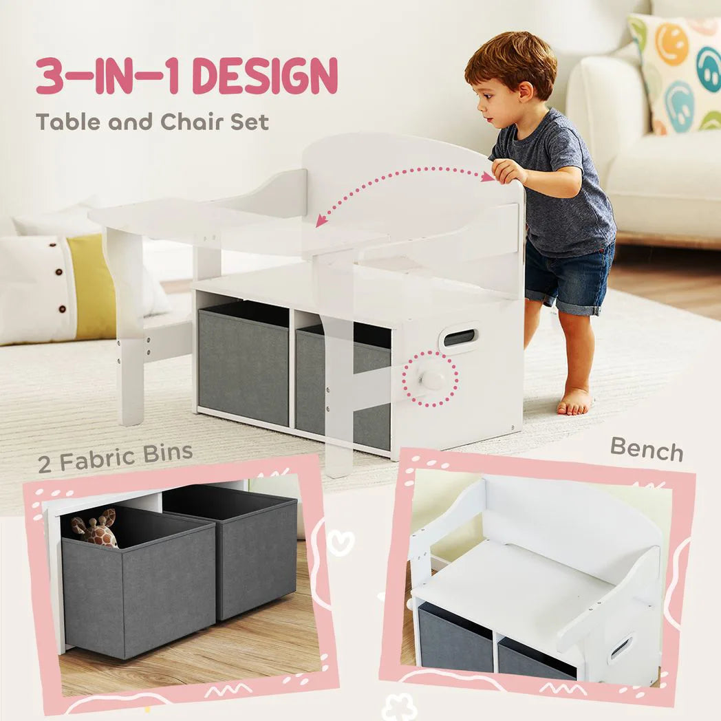 AIYAPLAY 3 in 1 Kids Storage Bench – Convertible Table and Chair Set with 2 Fabric Bins and Toy Box, White