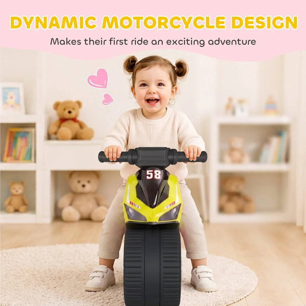 AIYAPLAY Toddler Balance Bike with Music, Extra-Wide PP Tyres & Motorbike Design – Boys and Girls Ride-On, Green