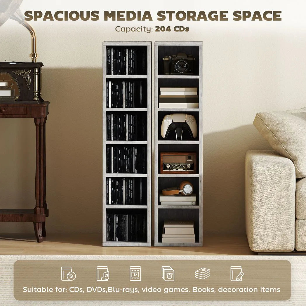 HOMCOM Set of 2 CD Media Display Shelf Towers with 5 Adjustable Shelves – Slim Racks, Grey