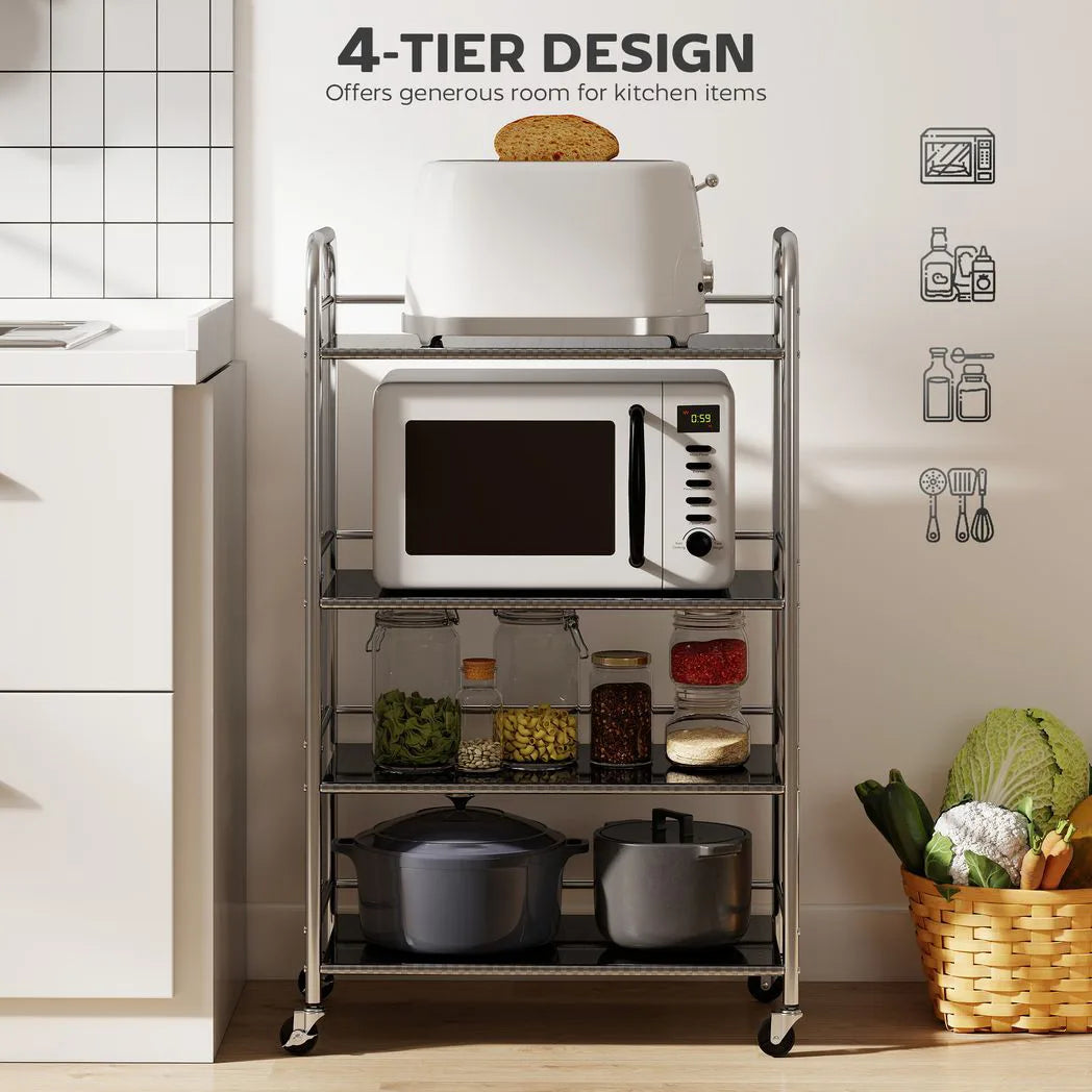 HOMCOM 4-Tier Stainless Steel Kitchen Storage Trolley with Adjustable Shelves and Lockable Wheels – Silver