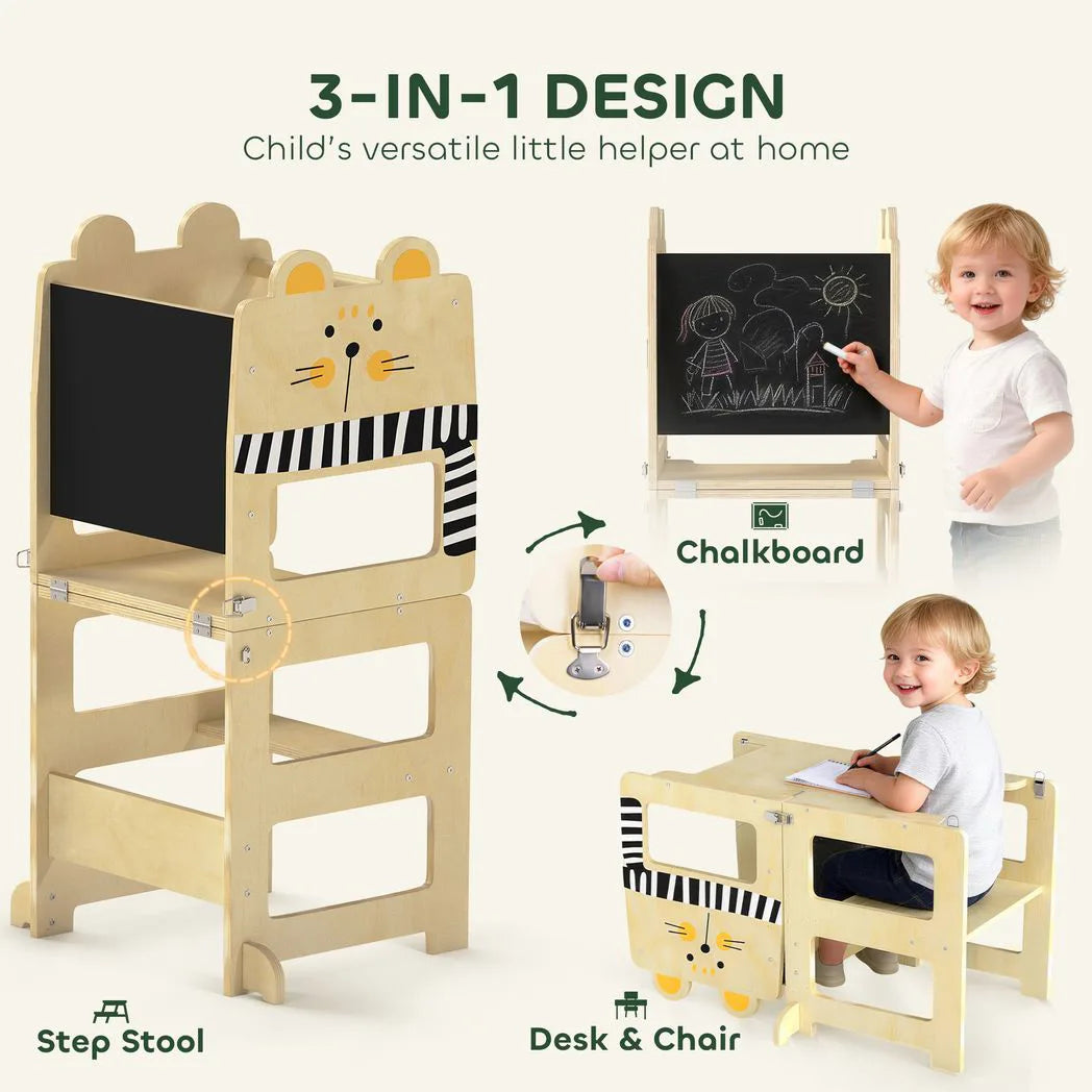 AIYAPLAY 3-in-1 Toddler Step Stool with Chalkboard – Cat-Shaped Kitchen Standing Tower, Natural