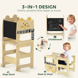 AIYAPLAY 3-in-1 Toddler Step Stool with Chalkboard – Cat-Shaped Kitchen Standing Tower, Natural