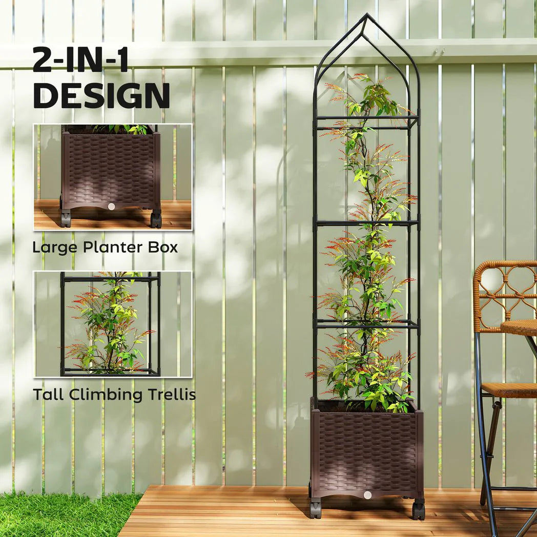 Outsunny Self-Watering Raised Garden Bed with Trellis & Lockable Wheels – 40 x 40 x 182cm, Brown
