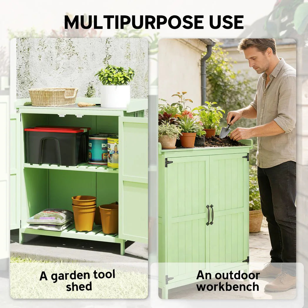Outsunny Wooden Garden Tool Storage Cabinet with Hinged Roof, Double Doors and 2 Shelves – Light Green