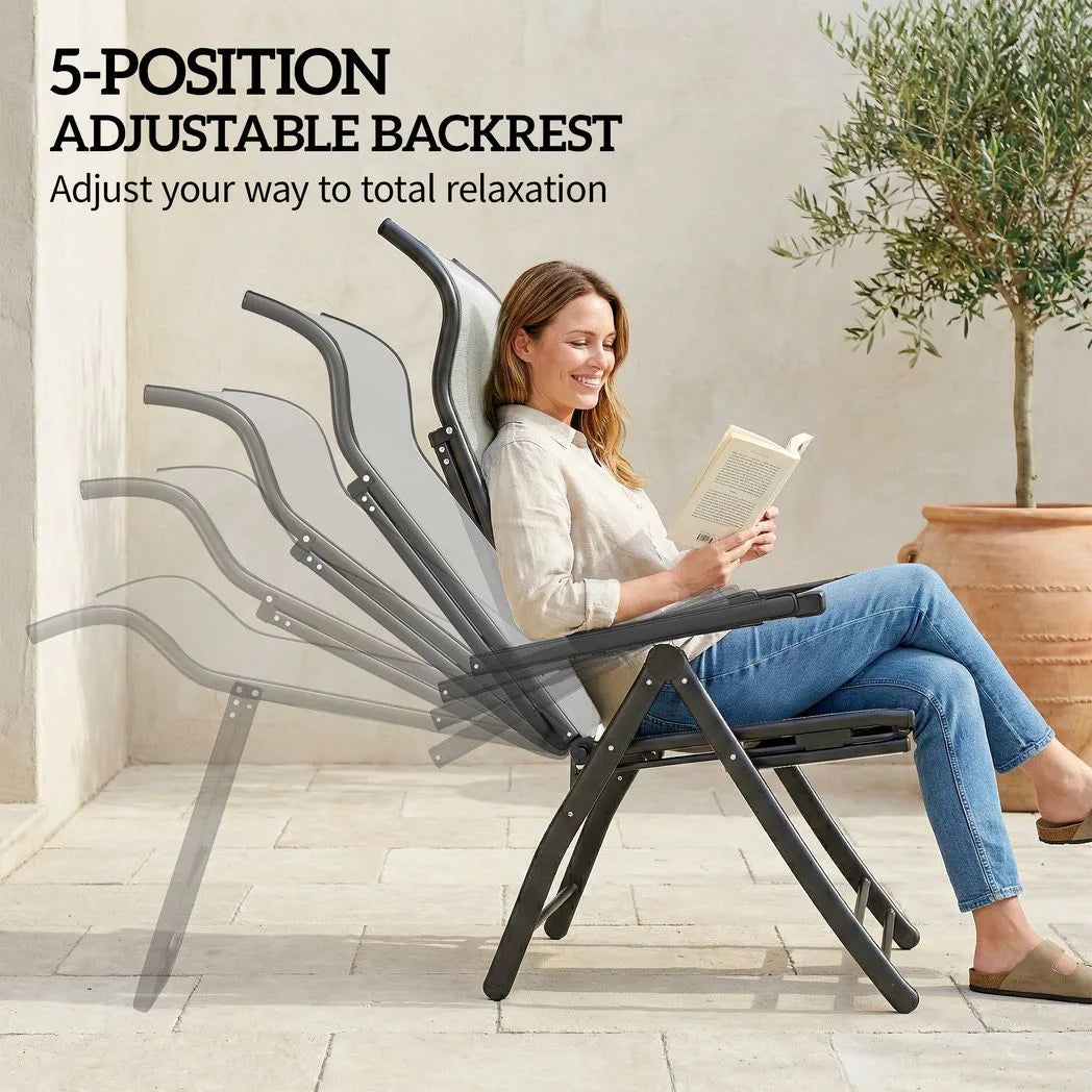 Outsunny Reclining Garden Chairs Set of 2 – 5-Position Folding Sun Loungers with Retractable Footrest, Light Grey