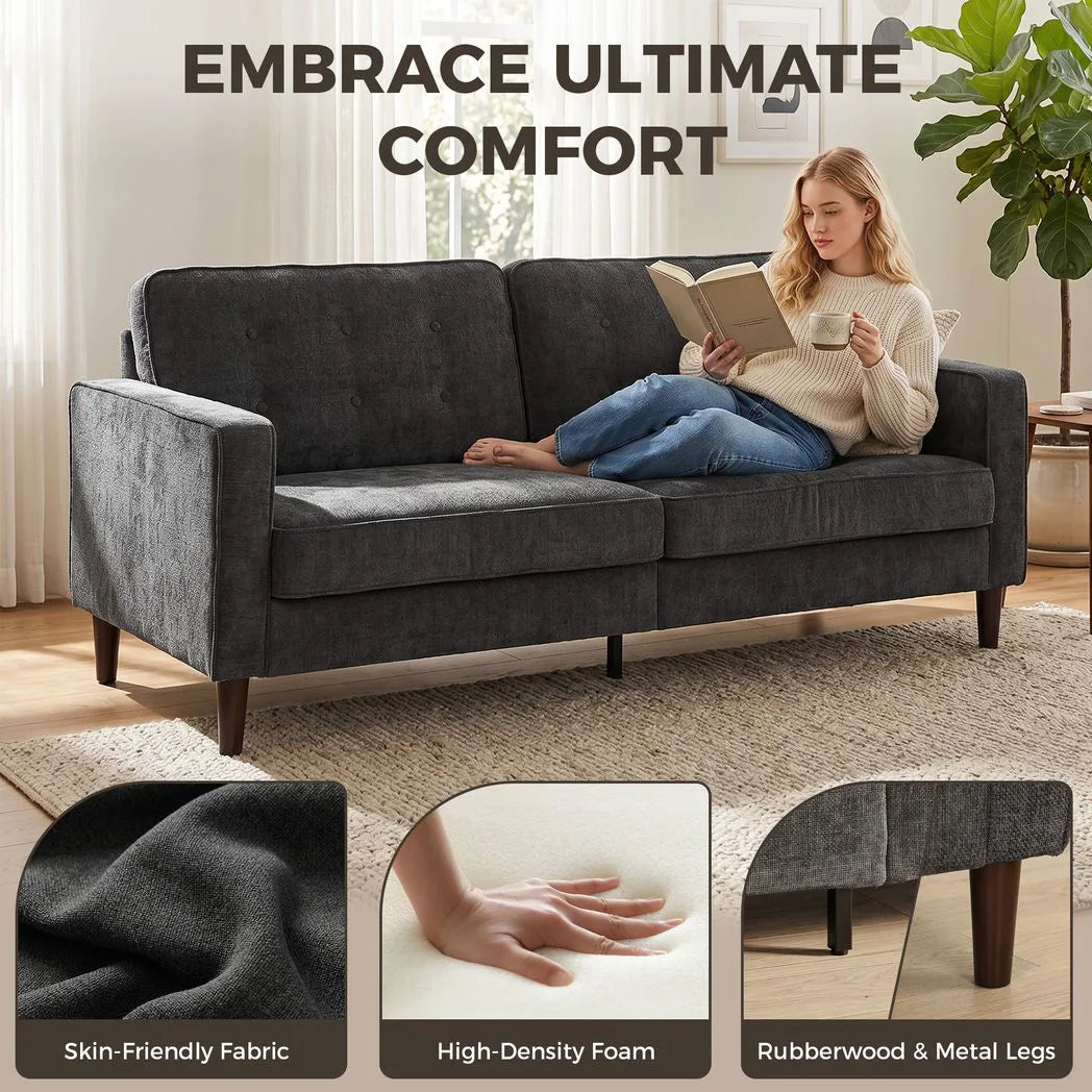 HOMCOM 3 Seater Sofa with Button-Tufted Back and Rubberwood Legs – Velvet-Feel Couch, Dark Grey