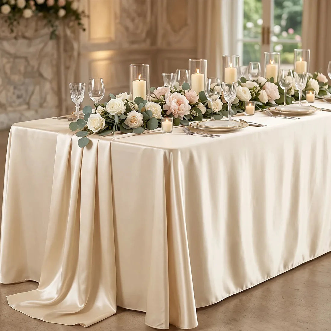 Rectangular Polyester Tablecloth with Bound Edge, 160 x 145 cm – Seamless Wedding and Party Cover, Beige