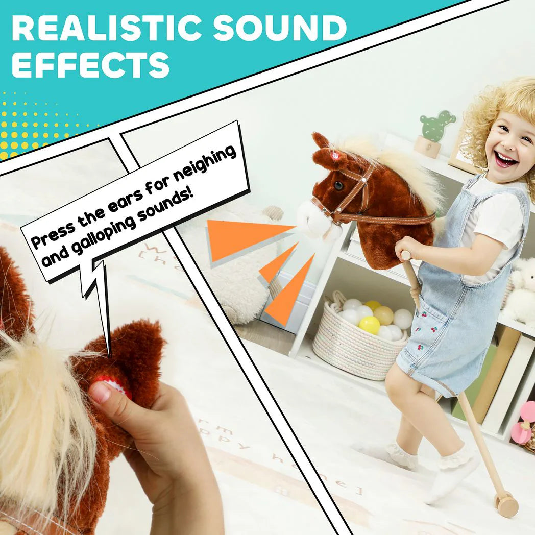 AIYAPLAY Stick Horse with Wooden Wheels, Galloping and Neighing Sounds, Grip Handle – 95 cm, Brown