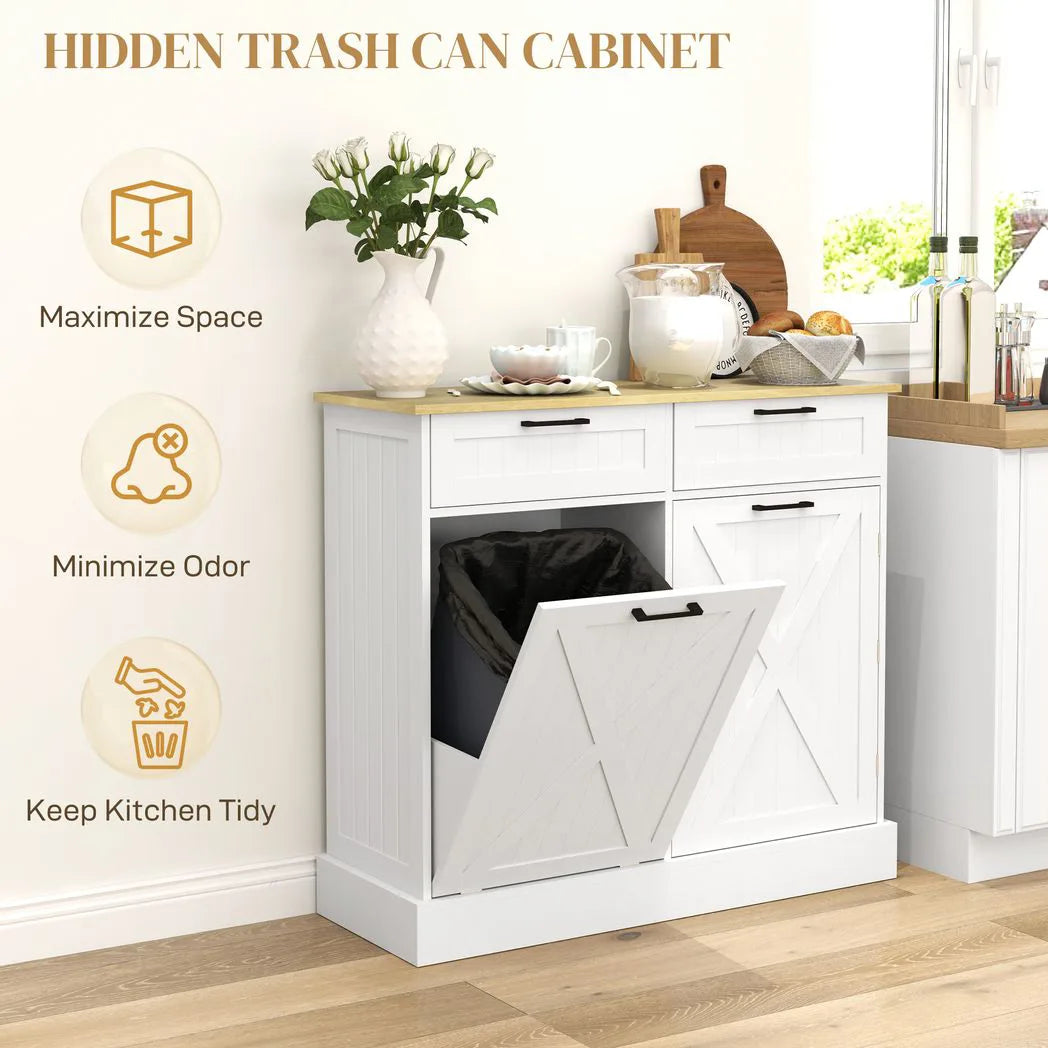 HOMCOM Farmhouse Kitchen Sideboard with Tilt-Out Rubbish Bin, 2 Drawers and Adjustable Shelves, White