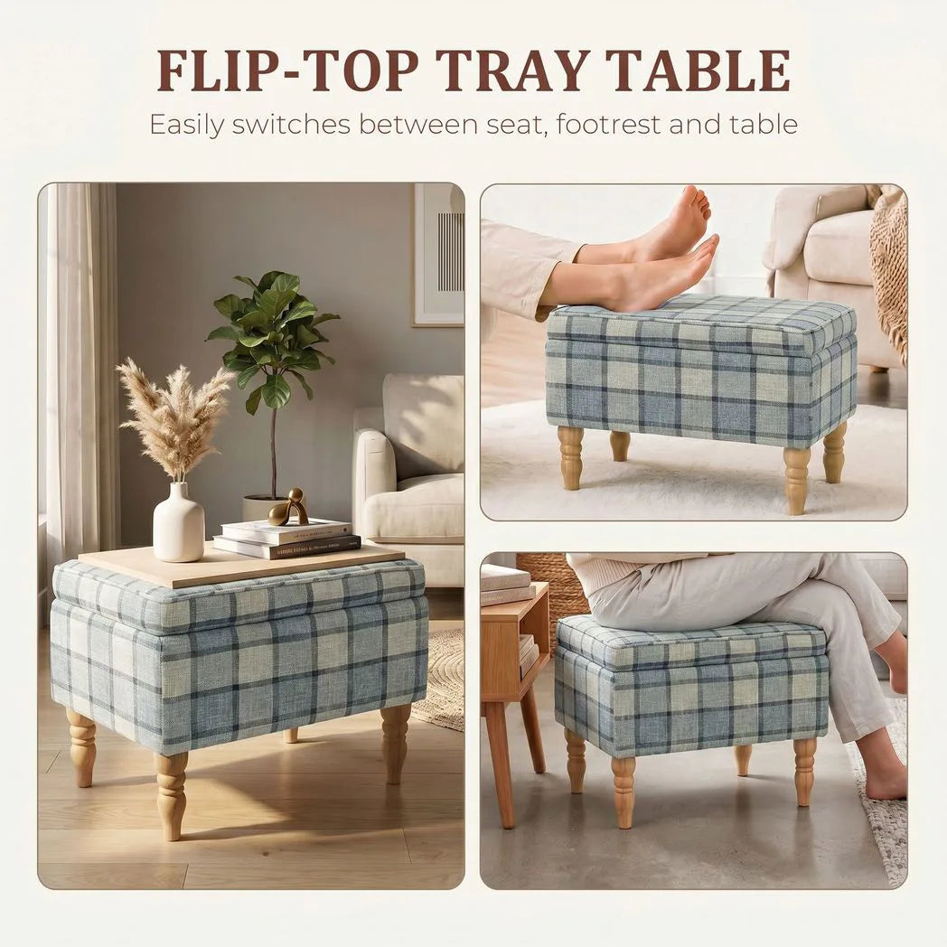 HOMCOM Linen Upholstered Footstool with Hidden Storage – Rectangular Ottoman with Flip-Top Tray Lid, Grey