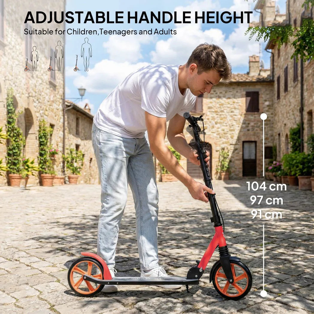 HOMCOM One-Click Folding Kick Scooter with Adjustable Handlebar, Dual Brakes & Kickstand – Push Scooter for Ages 14+, Red