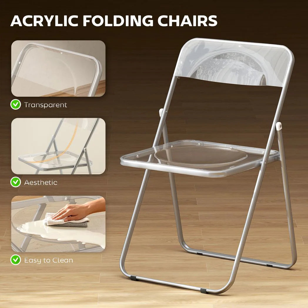 HOMCOM Set of 4 Foldable Chairs with Transparent Seat and Backrest – Heavy Duty Steel Frame, Space-Saving, Clear