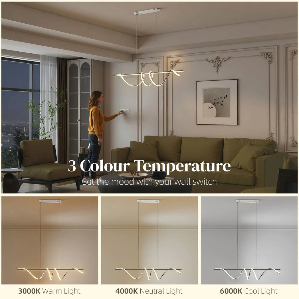 HOMCOM Spiral LED Pendant Light with 3 Colour Temperatures – Adjustable Height Modern Ceiling Light, Silver Tone