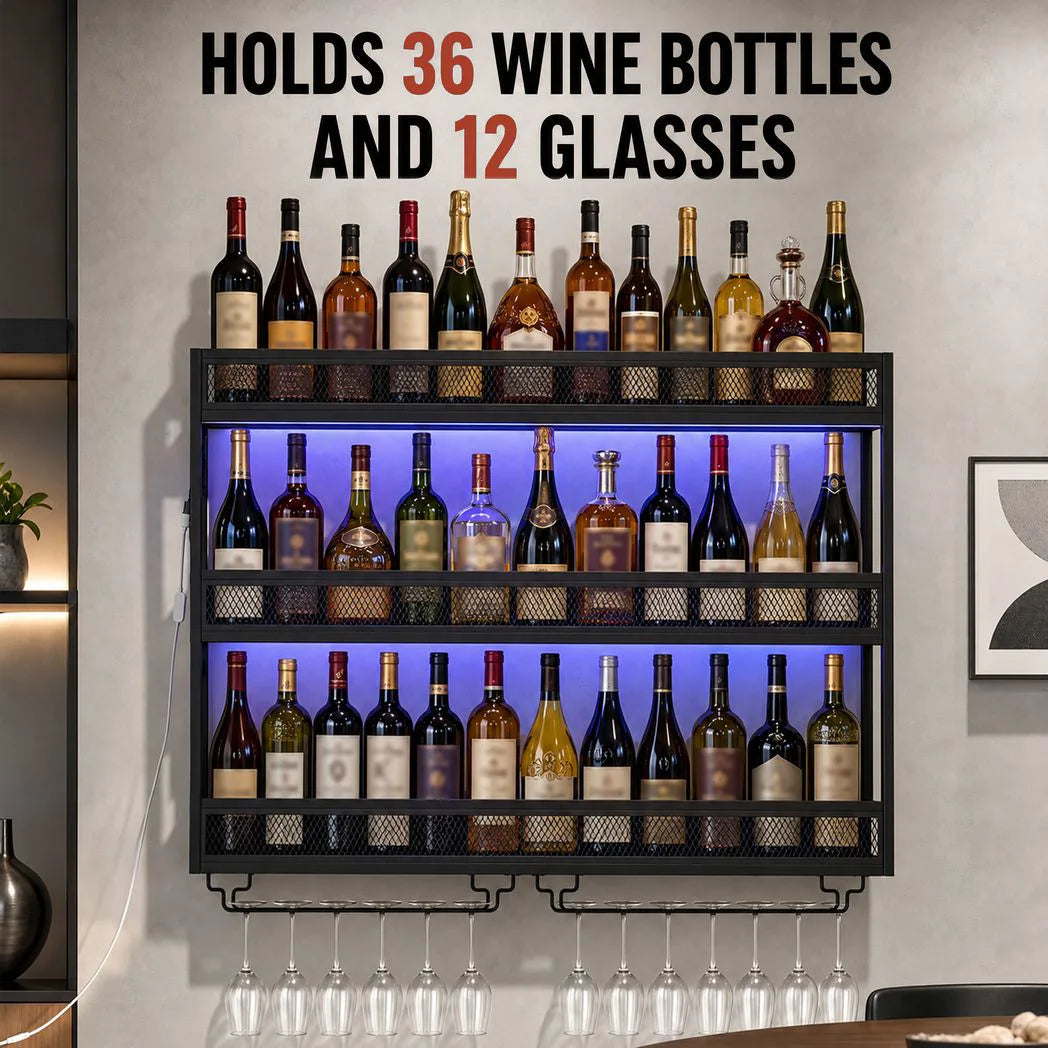 HOMCOM Wall-Mounted Wine Rack with LED Lights, Glass Holders and Open Shelf – Black Metal Rack for 36 Bottles