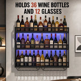 HOMCOM Wall-Mounted Wine Rack with LED Lights, Glass Holders and Open Shelf – Black Metal Rack for 36 Bottles