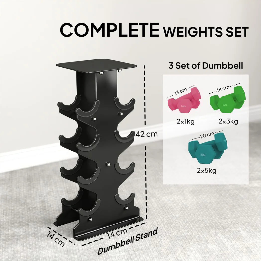 SPORTNOW Hex Dumbbell Set with Storage Rack, 18kg Total (2 x 1kg, 2 x 3kg, 2 x 5kg) – Non-Slip Hand Weights