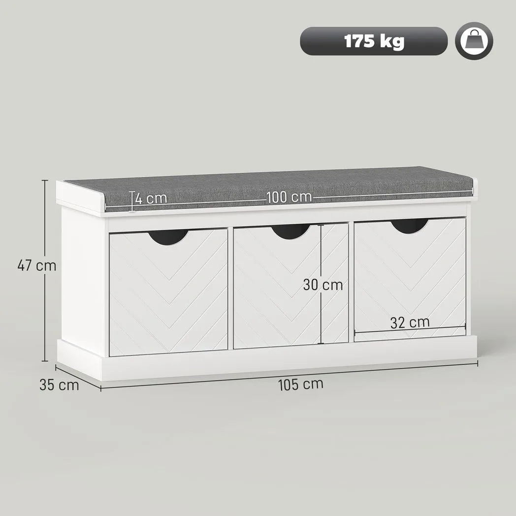 HOMCOM 3-Drawer Padded Shoe Storage Bench with Washable Linen-Look Cushion – 105 cm, White