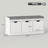 HOMCOM 3-Drawer Padded Shoe Storage Bench with Washable Linen-Look Cushion – 105 cm, White