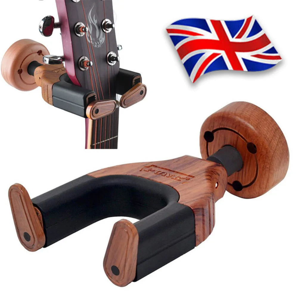 Wall-Mounted Guitar Hanger with Auto-Lock Hook and Solid Wood Base – Guitar Storage and Display Stand