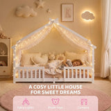 AIYAPLAY Wooden House Kids Single Bed with Dual Guardrails – Solid Pine, White, Fits 90 x 200 cm Mattress