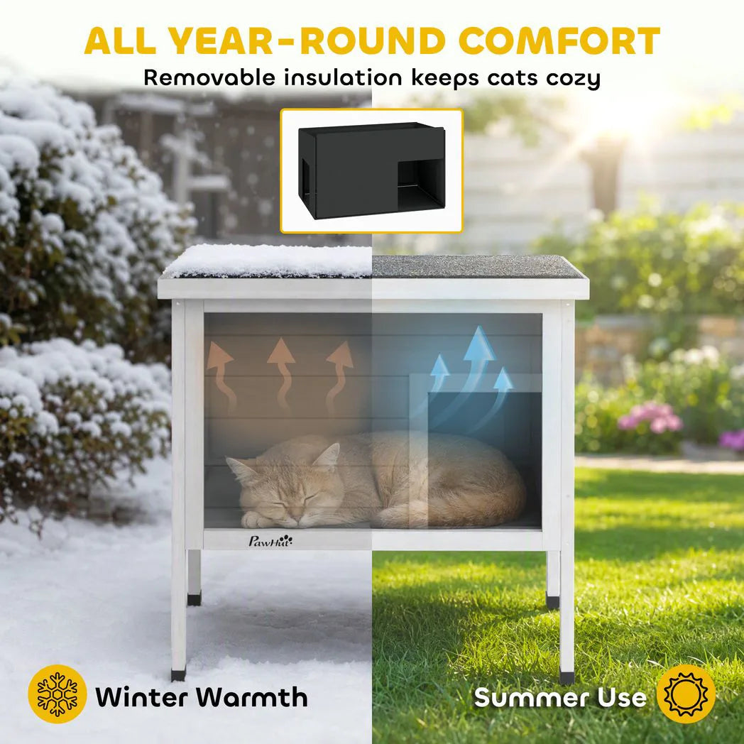 PawHut Outdoor Cat House with Removable Insulated Liner, Asphalt Roof and Escape Door – Wooden Cat Shelter