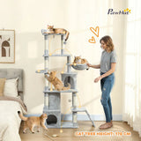 PawHut 170cm Large Cat Tree with 7 Scratching Posts, 2 Condos & Hammock – Multi-Level Cat Tower, Light Grey