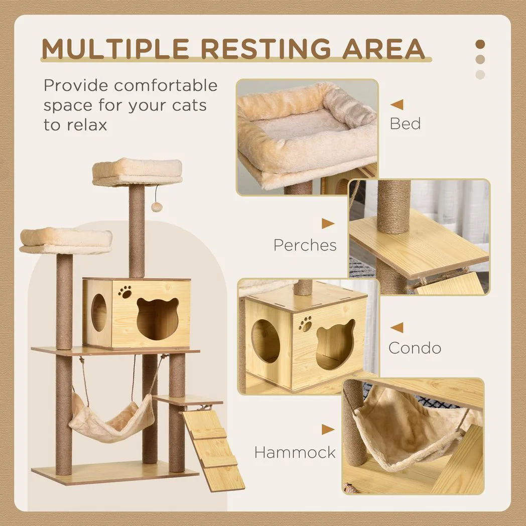 PawHut 130cm Plush Cat Tree with Five Scratching Posts, Two Perches, Cat House & Hammock