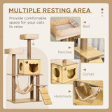 PawHut 130cm Plush Cat Tree with Five Scratching Posts, Two Perches, Cat House & Hammock