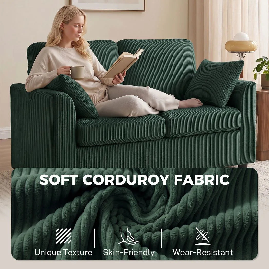 HOMCOM 2 Seater Corduroy Sofa with Pocket Spring Cushion – Compact Loveseat, Dark Green