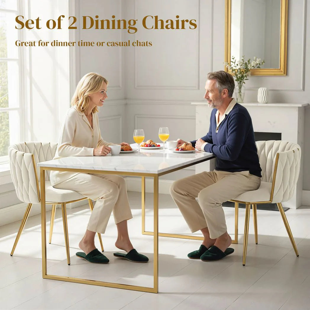 HOMCOM Set of 2 Velvet-Feel Dining Chairs with Knot Backrest & Golden Legs – Upholstered Accent Chairs, Cream