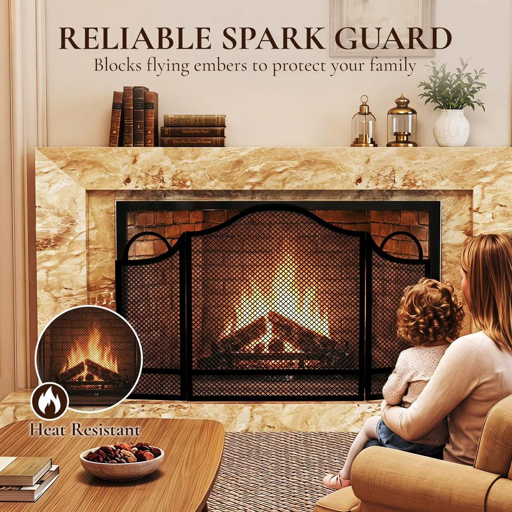 HOMCOM Floral 3-Panel Folding Fireplace Screen – Heat-Resistant Metal Spark Guard for Hearth Protection, Black