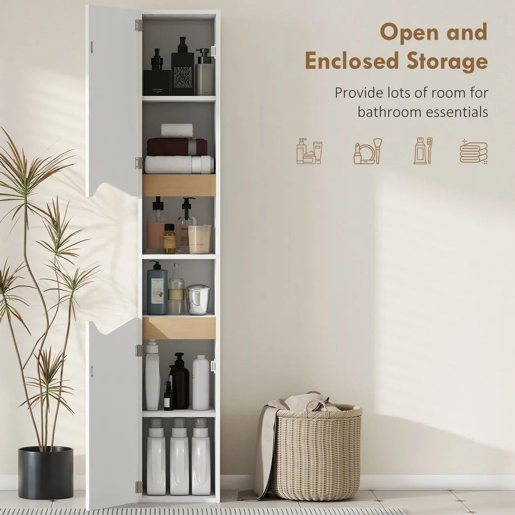 HOMCOM Tall Slim Bathroom Cabinet with 2 Doors and 2 Shelves – Space-Saving Storage, White and Natural Wood