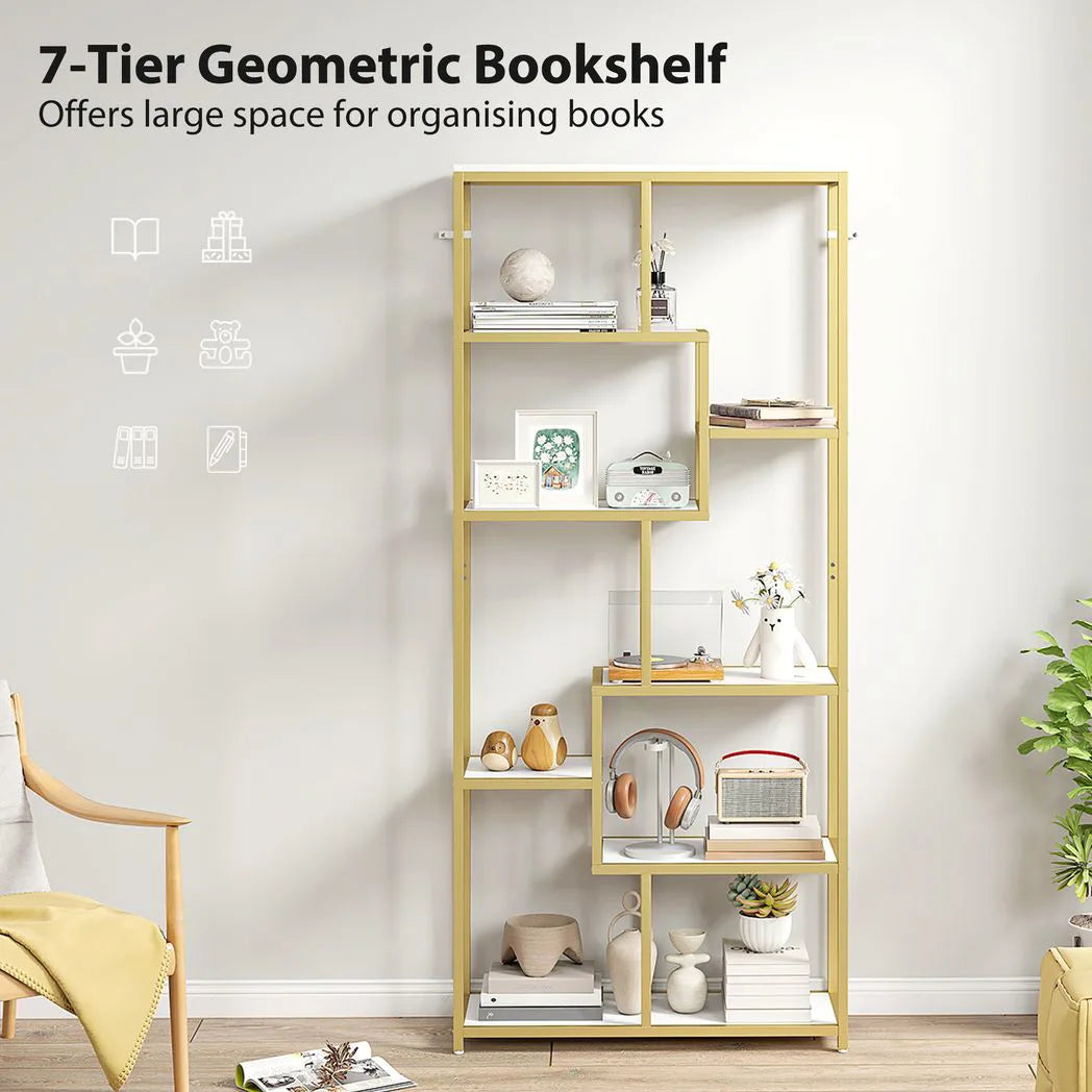 HOMCOM Seven-Tier Geometric Bookcase with Metal Frame – Asymmetrical Display Shelf, White/Gold Tone