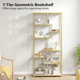 HOMCOM Seven-Tier Geometric Bookcase with Metal Frame – Asymmetrical Display Shelf, White/Gold Tone