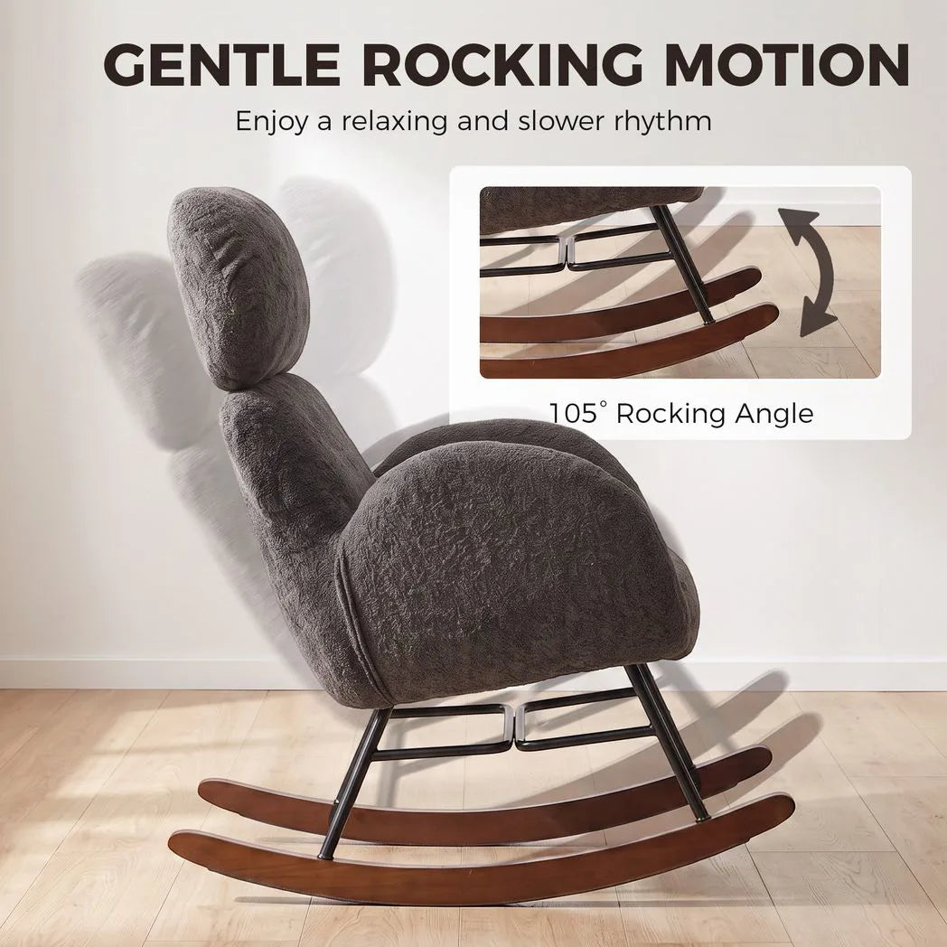 HOMCOM Upholstered Rocking Chair with Adjustable Headrest – Raindrop Velvet Rocker, Rubberwood Legs, Dark Grey