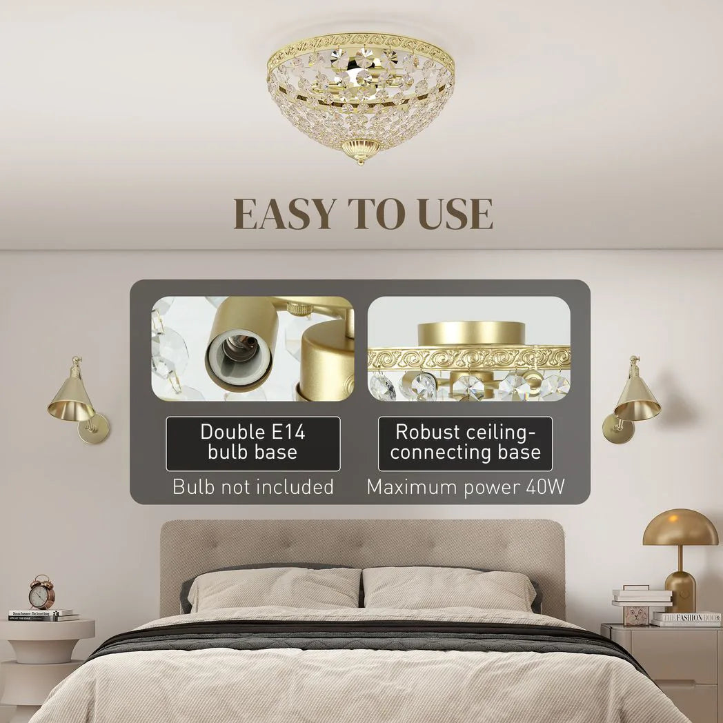 HOMCOM 2-Light Crystal Chandelier Flush Mount Ceiling Light with 168 Octagonal Beads – Vintage, Gold Tone