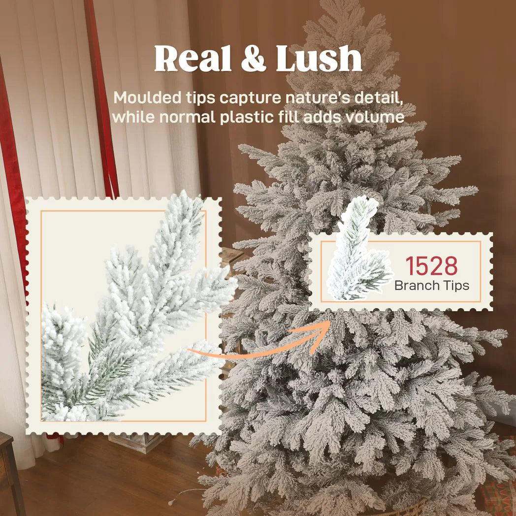 HOMCOM 6ft Snow Flocked Artificial Christmas Tree with 1528 Branch Tips, Foldable Metal Base – Festive Home Decor
