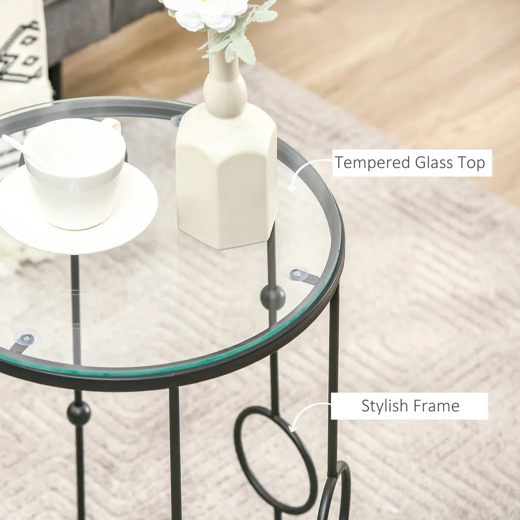 HOMCOM Nesting Round Coffee Table Set of 2 with Glass Tops – Space-Saving Side Tables, Black