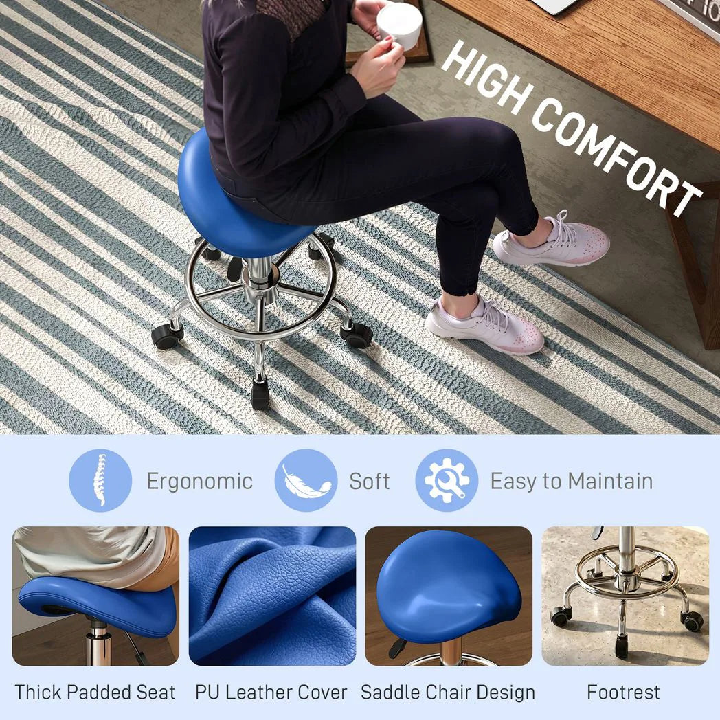 HOMCOM Salon Saddle Stool, Adjustable 51–66cm – Rolling Chair for Massage, Spa, Beauty and Hairdressing, Blue