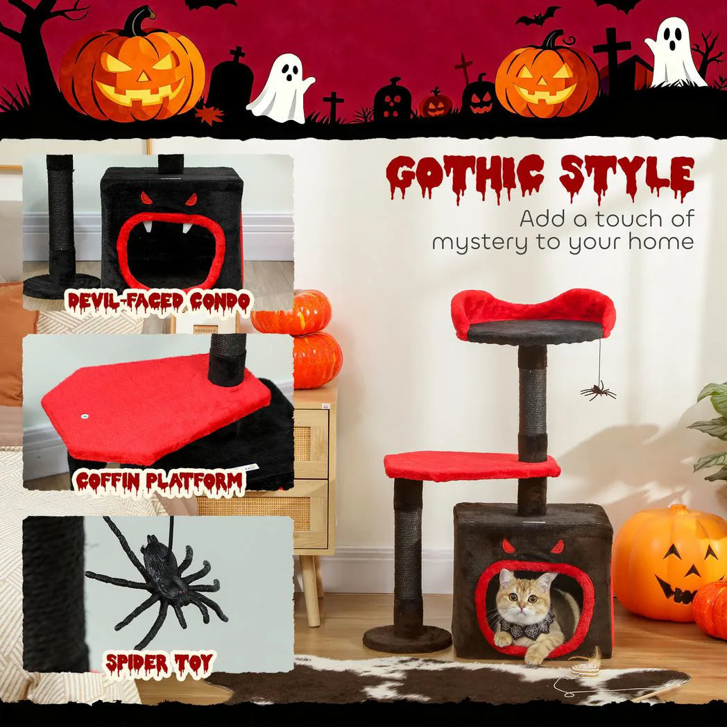 PawHut Gothic Halloween Cat Tree – 83cm Cat Tower with Sisal Scratching Posts, Condo, Coffin Platform, Bed and Spider Toy