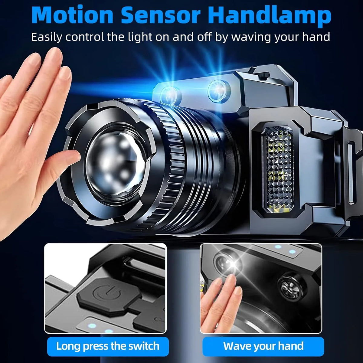 2 Pack Rechargeable LED Headlamps with Motion Sensor & Zoom – USB-C Headlight for Camping & Hiking, Black