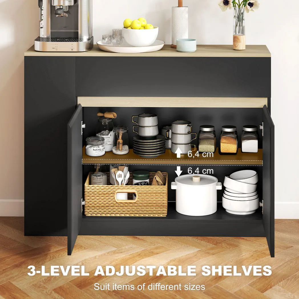 HOMCOM Kitchen Island Storage Cabinet with Adjustable Shelf, 2 Drawers and 3 Open Shelves – Dining Buffet, Black